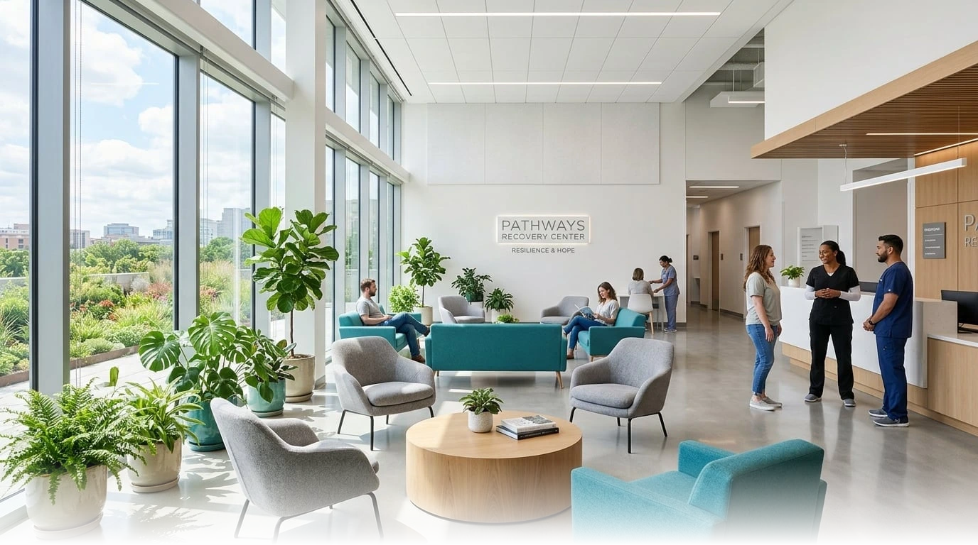 Modern addiction treatment recovery facility with serene natural light, comfortable therapeutic environment, and greenery representing hope and healing